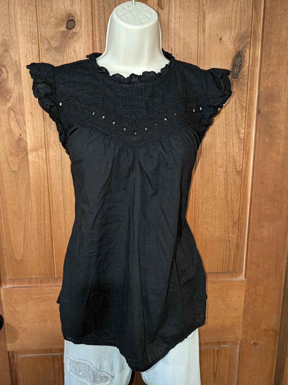J. Crew Black Eyelet Ruffle Cap Sleeve Blouse